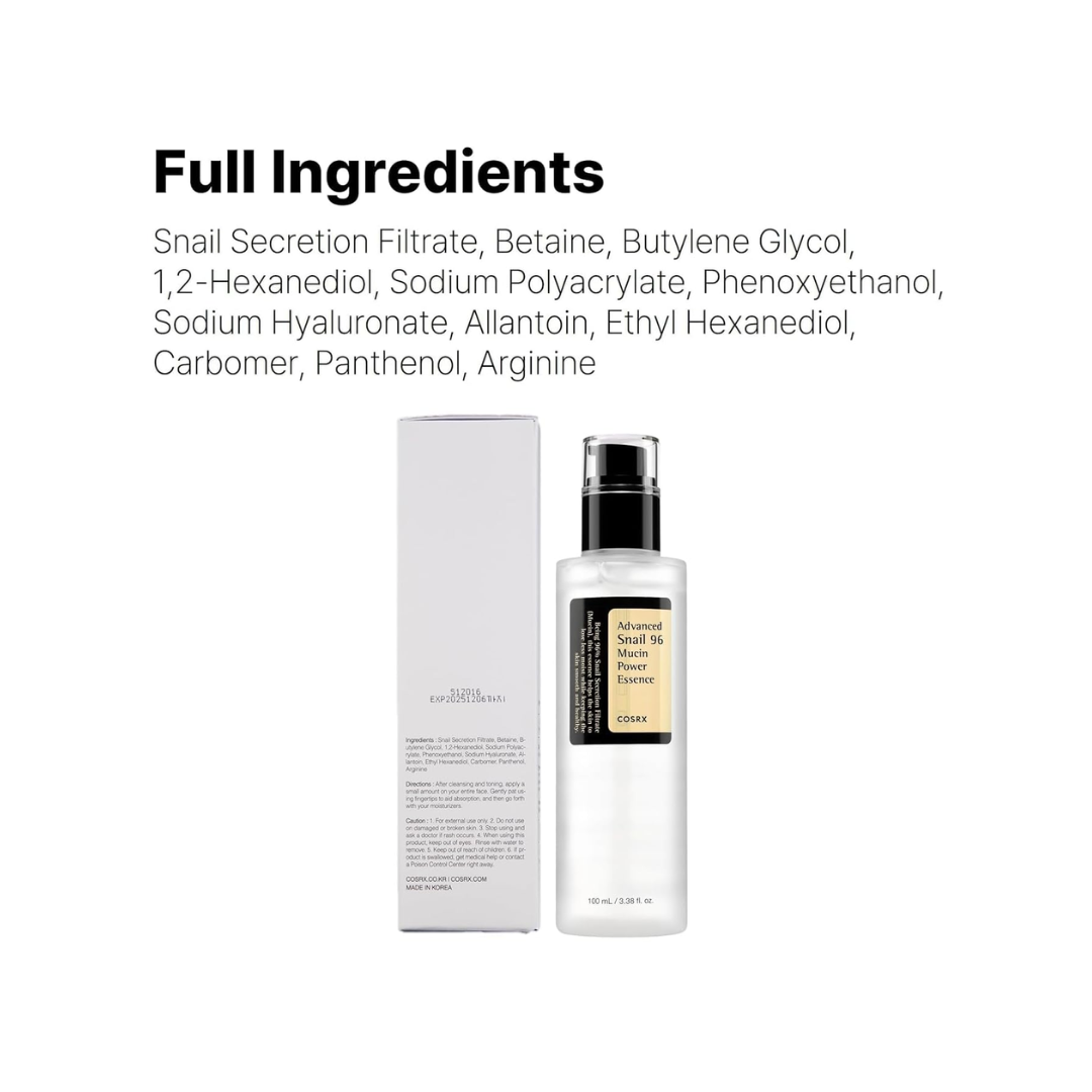 Cosrx, Advanced Snail 96 Mucin Power Essence , 3.38 Fl Oz (100 ml) - Kodomo store