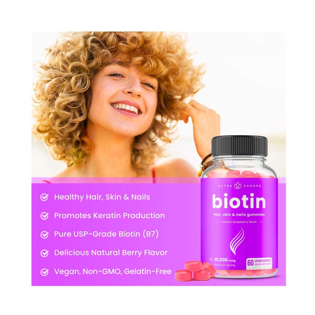 NutraChamps Biotin Gummies 10,000mcg – Vegan Hair, Skin & Nails Support for Adults & Kids (60 Count) - Kodomo store
