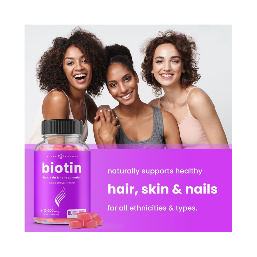 NutraChamps Biotin Gummies 10,000mcg – Vegan Hair, Skin & Nails Support for Adults & Kids (60 Count) - Kodomo store